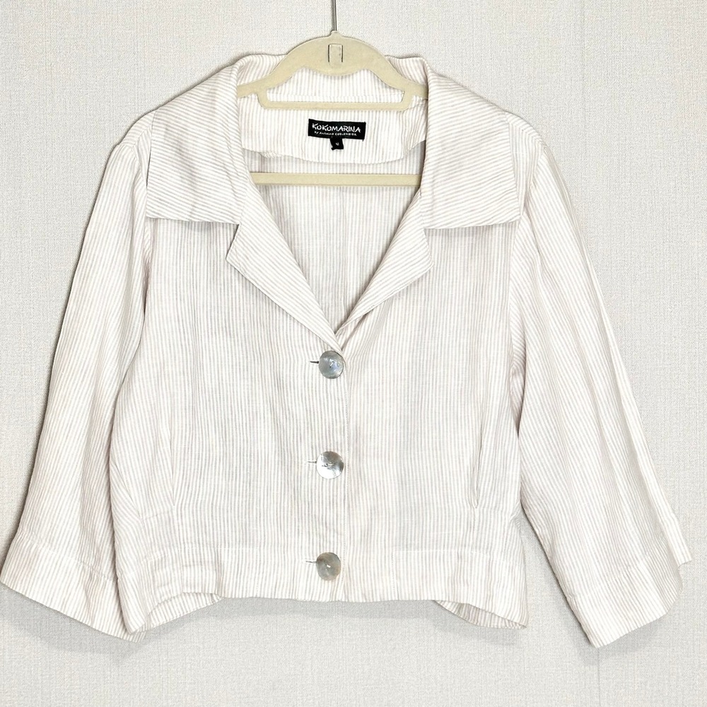 Kokomarina 100% Linen Cropped Jacket Beige White Stripe Made In France M